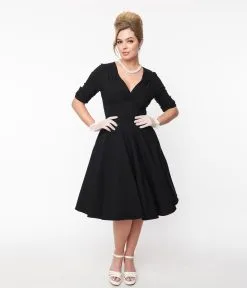Unique Vintage Black Delores Swing Dress With Sleeves