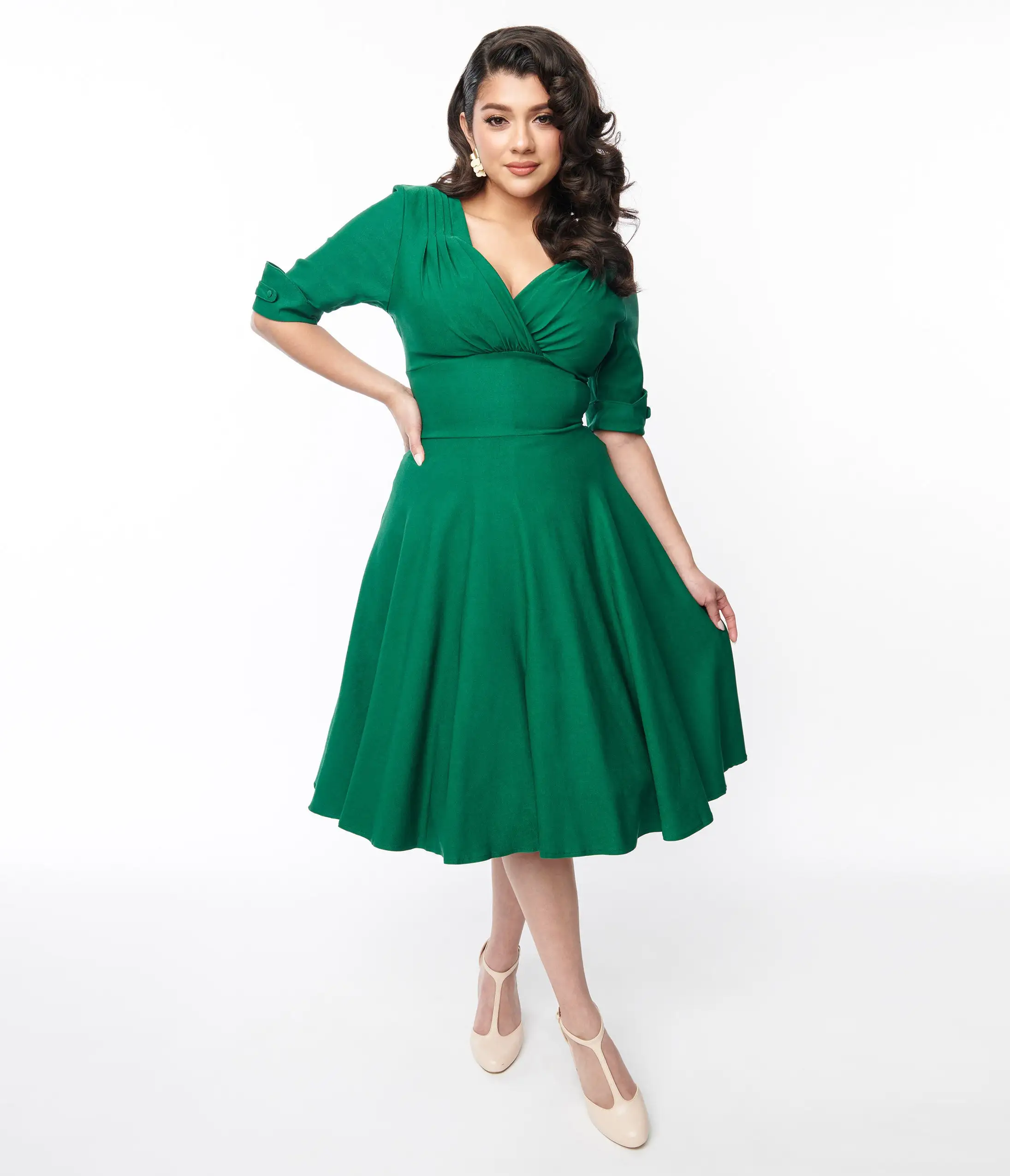 Unique Vintage Emerald Green Delores Swing Dress With Sleeves