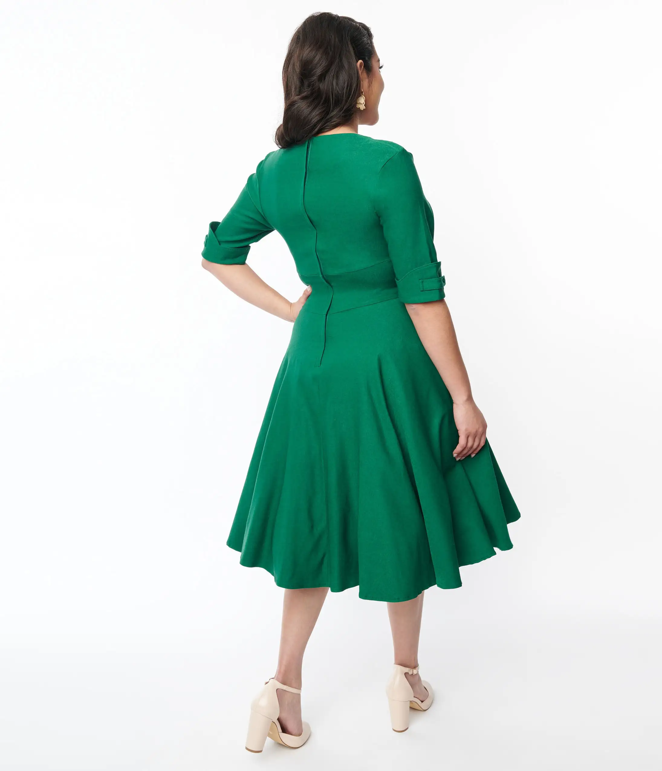 Unique Vintage Emerald Green Delores Swing Dress With Sleeves - Image 2