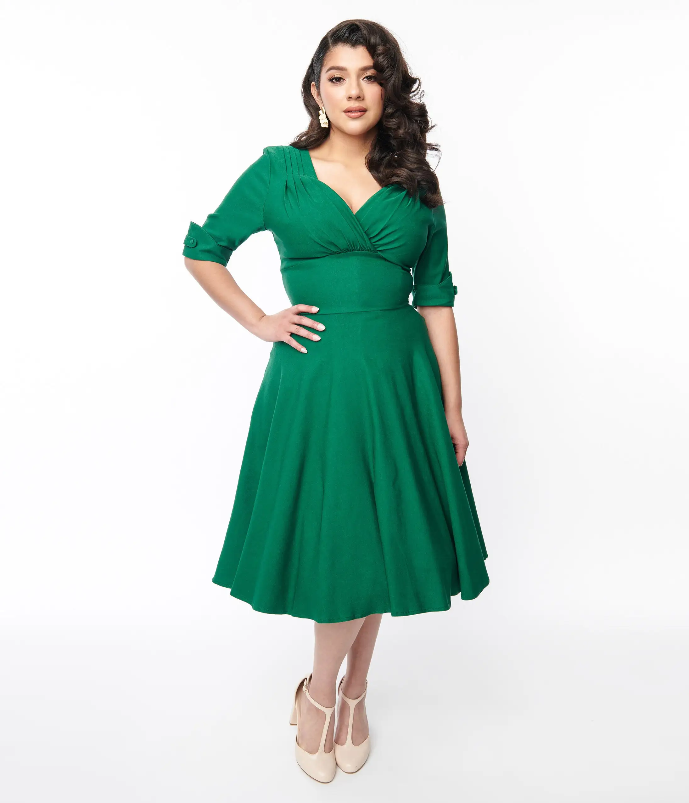Unique Vintage Emerald Green Delores Swing Dress With Sleeves - Image 5