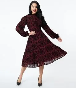 Unique Vintage 1950s Burgundy La Catrina Velvet Burnout Leota Swing Dress