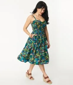 Unique Vintage Navy Jungle Print Shimmy & Shake Swing Dress