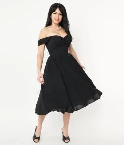 Unique Vintage Black Off Shoulder Swing Dress