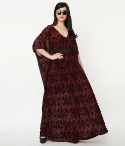 Unique Vintage Burgundy La Catrina Burnout Burton Caftan Dress