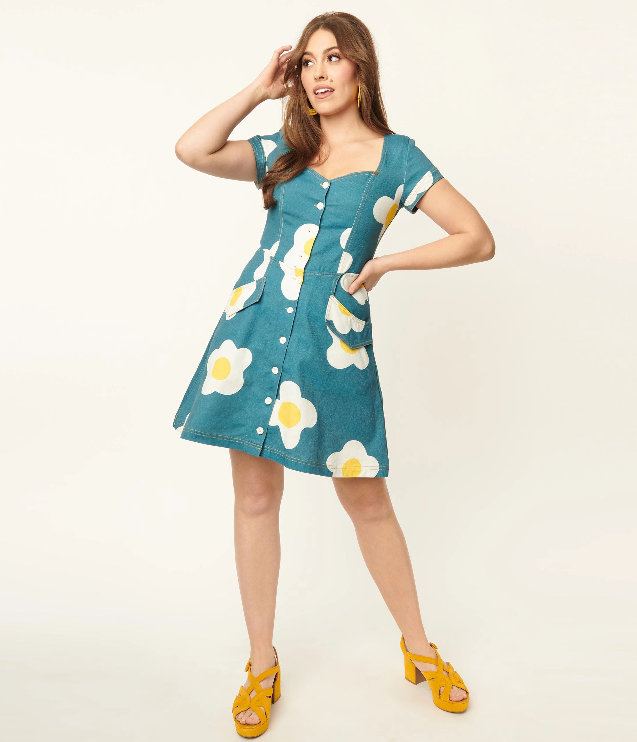 Unique Vintage Blue Denim & Egg Flower Print Fit & Flare Dress