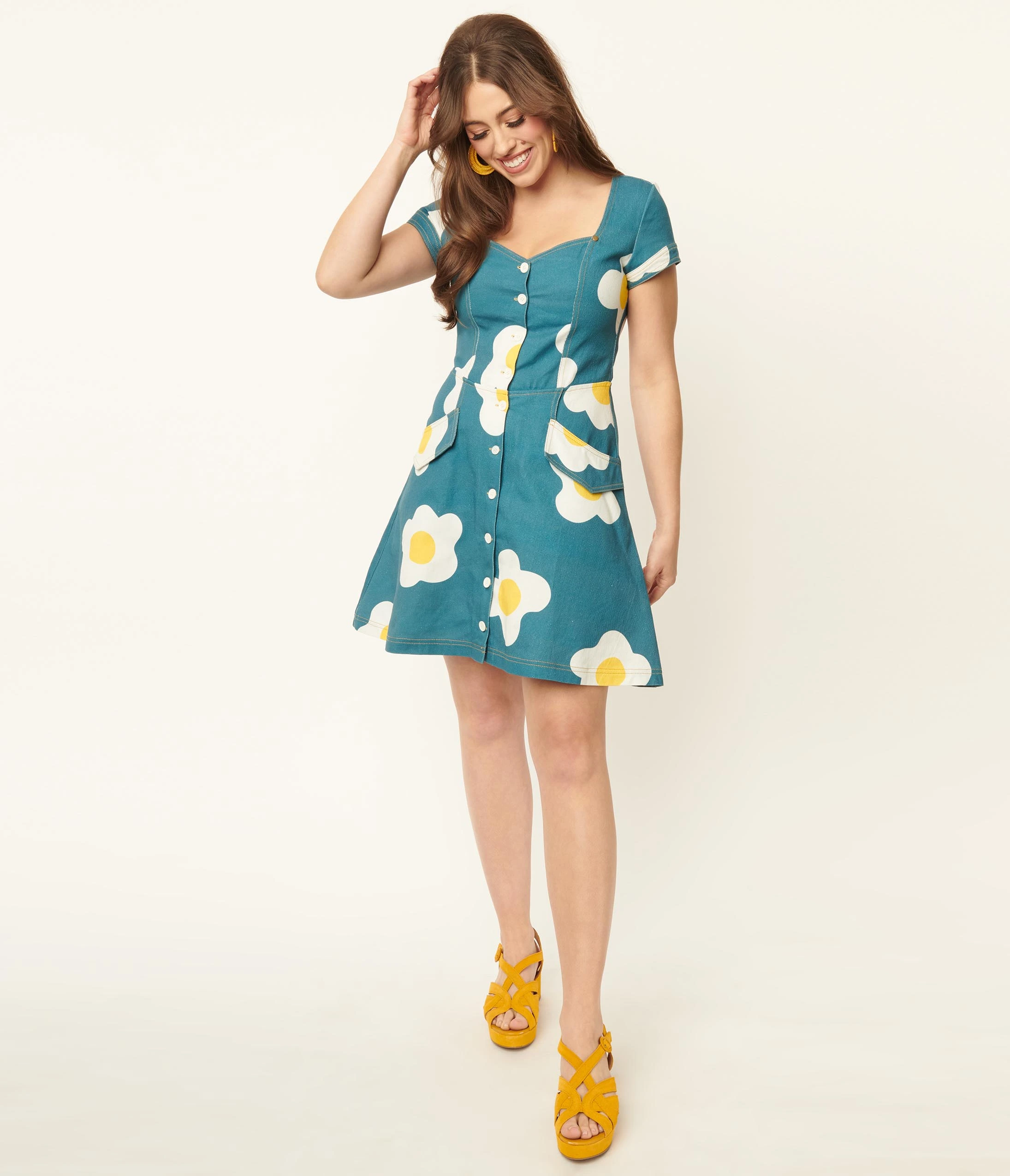 Unique Vintage Blue Denim & Egg Flower Print Fit & Flare Dress - Image 4