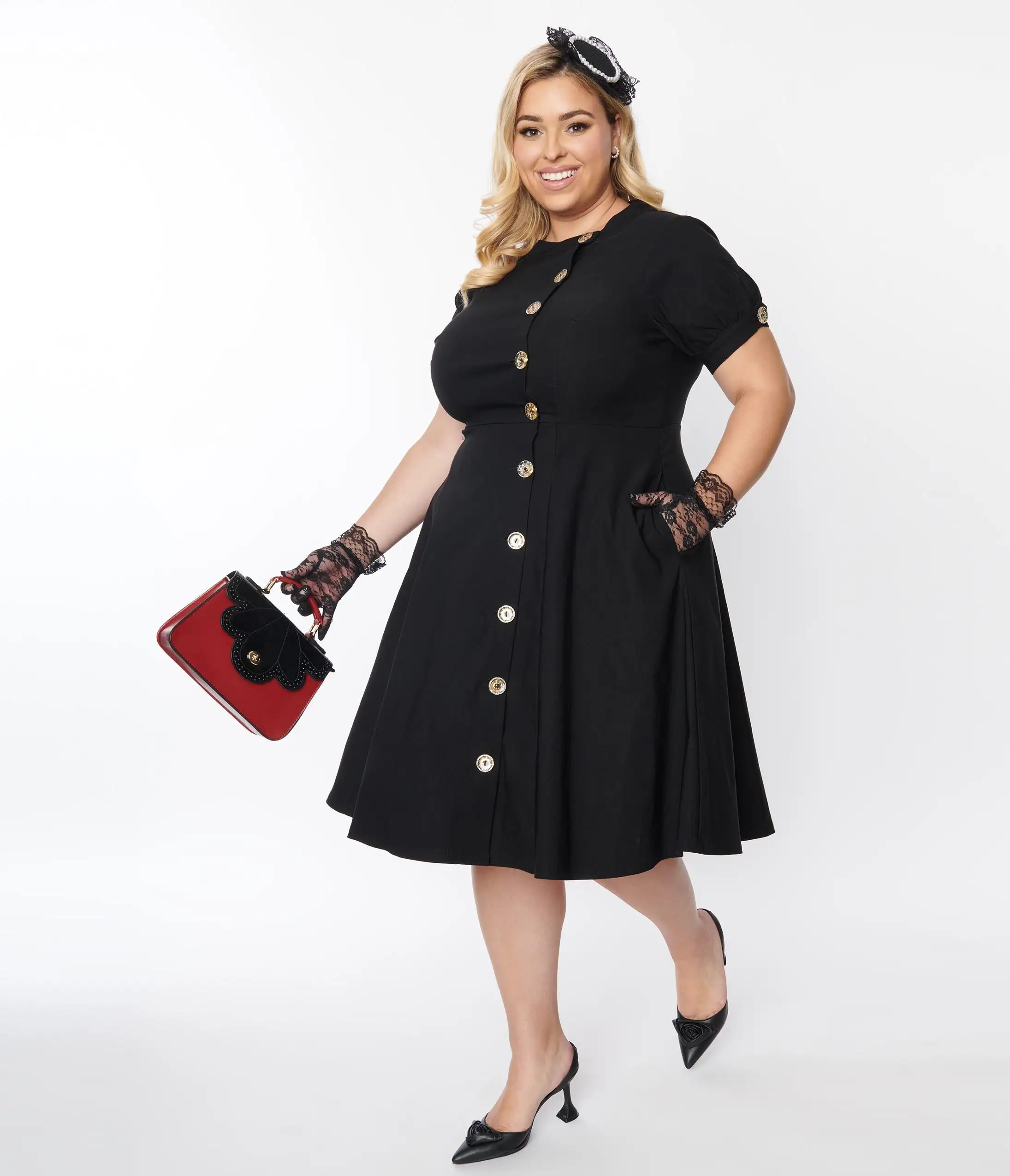 Unique Vintage Plus Size Black Button Swing Dress - Image 5