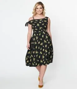 Unique Vintage Black & Yellow Floral Bow Tie Swing Dress