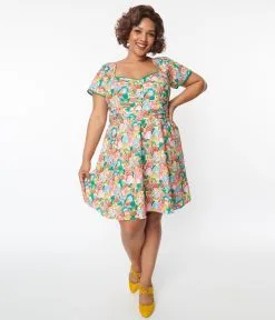 Unique Vintage Plus Size Ribbit Rainbow Frog Print Swing Dress