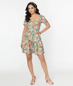 Unique Vintage Ribbit Rainbow Frog Print Swing Dress