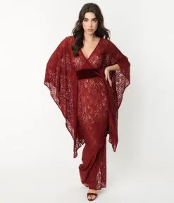 Unique Vintage Burgundy Floral Lace Desmond Caftan Dress