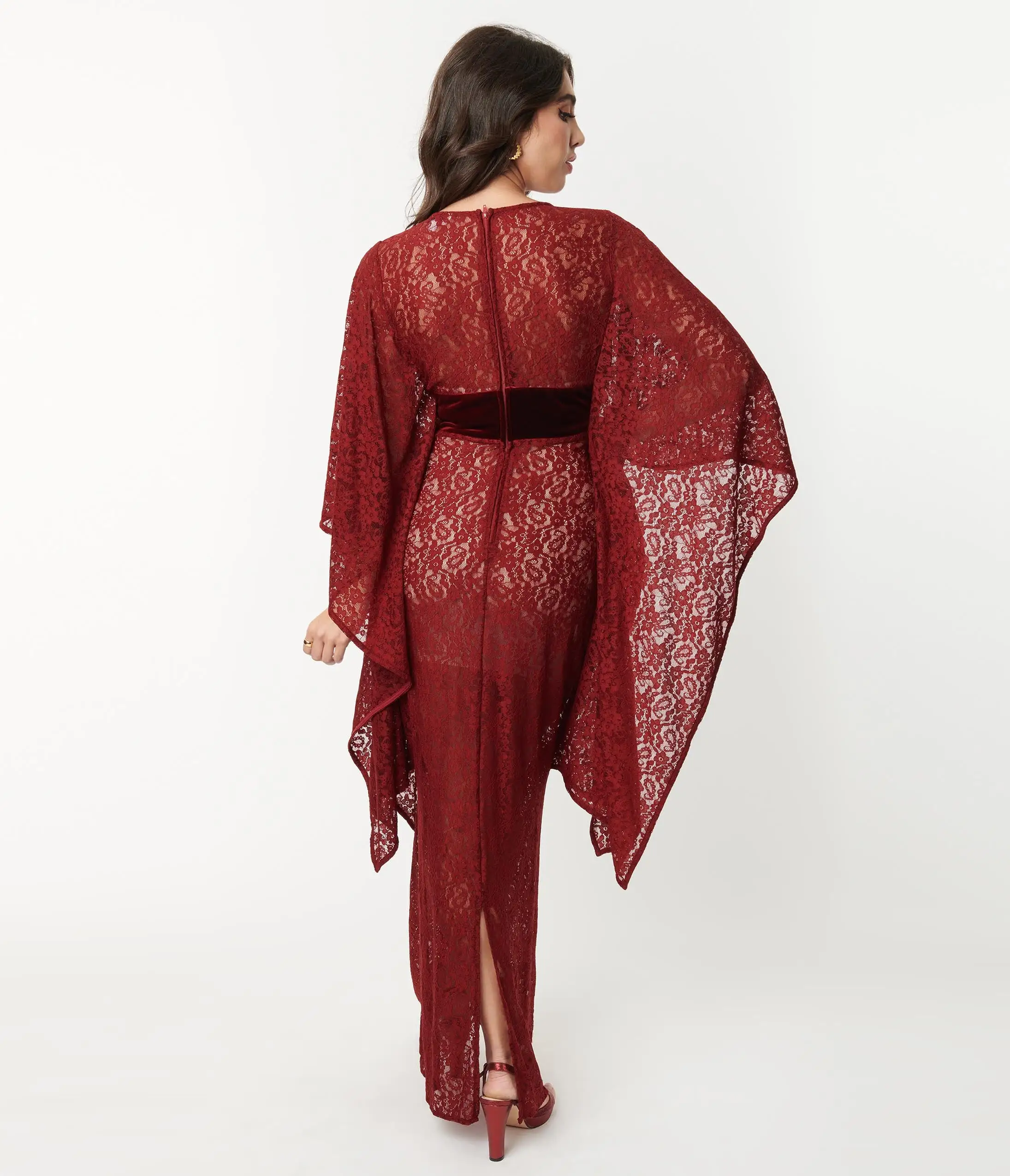 Unique Vintage Burgundy Floral Lace Desmond Caftan Dress - Image 3