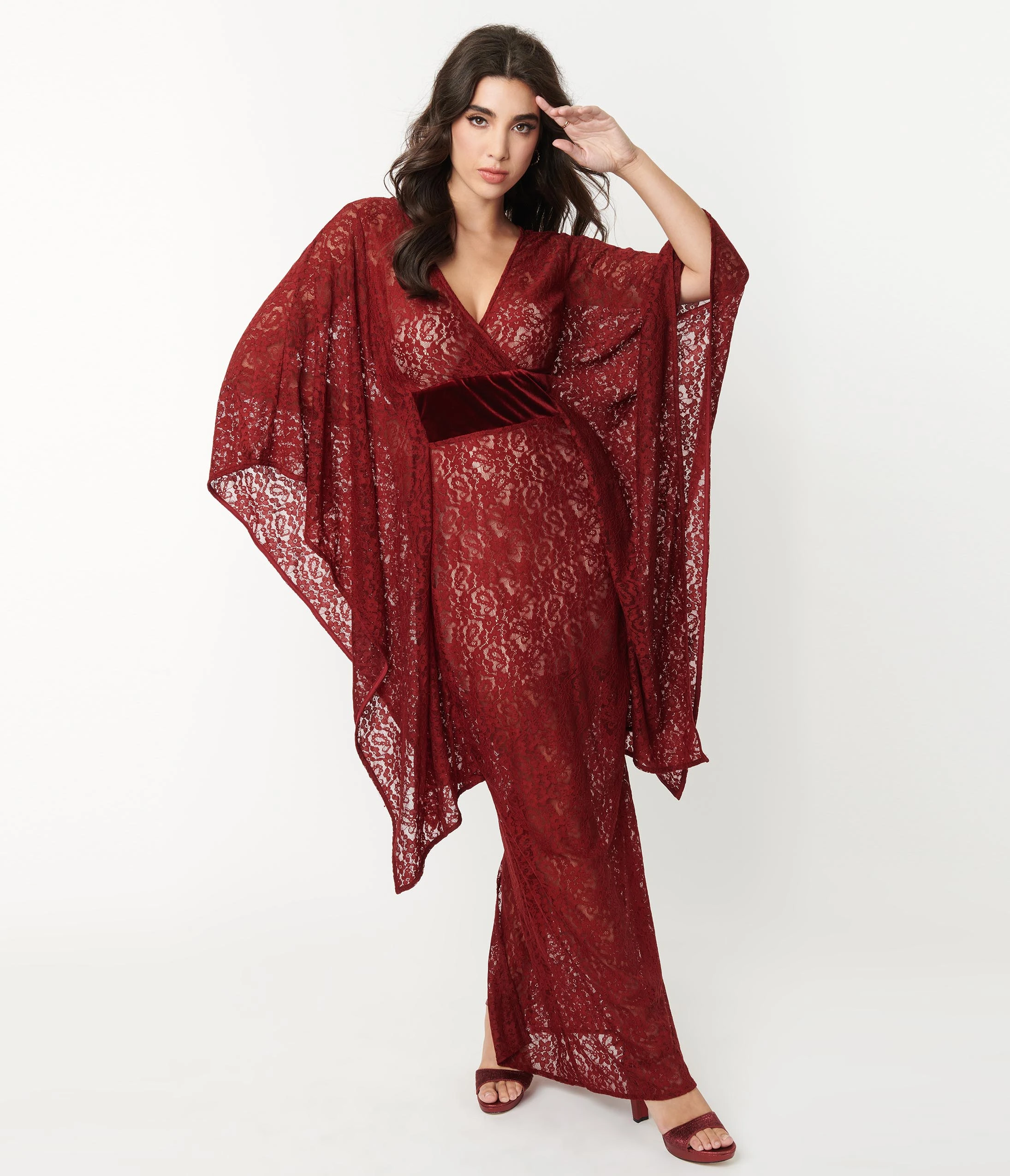 Unique Vintage Burgundy Floral Lace Desmond Caftan Dress - Image 4