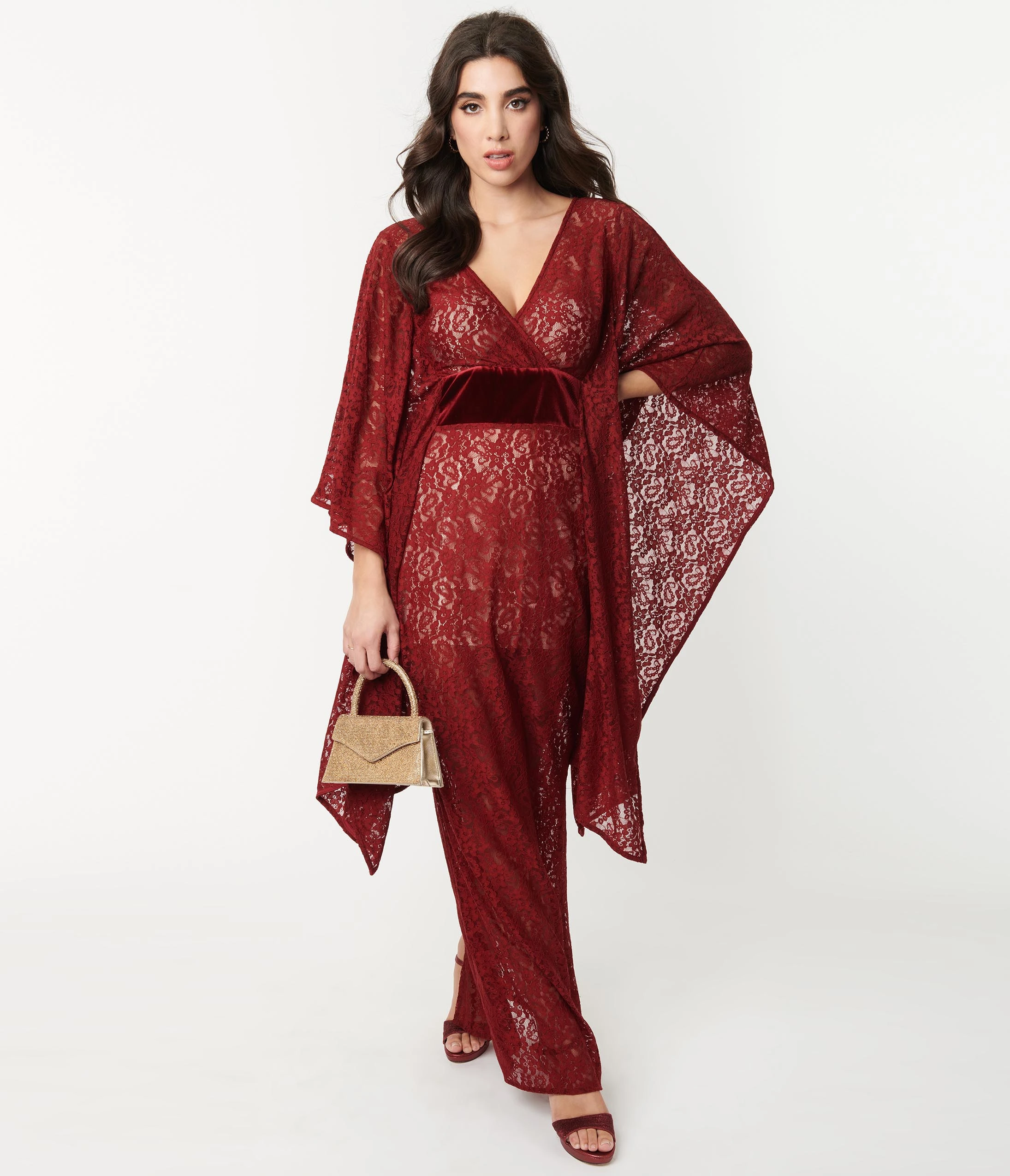 Unique Vintage Burgundy Floral Lace Desmond Caftan Dress - Image 5