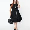 Unique Vintage Plus Size Black & White Contrast Button Swing Dress