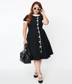 Unique Vintage Plus Size Black & White Contrast Button Swing Dress