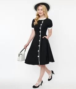 Unique Vintage Black & White Contrast Button Swing Dress
