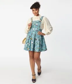Unique Vintage Sage Green & Mushroom Print Brionne Pinafore Skirt