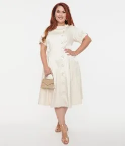 Unique Vintage Plus Size Ivory Satin Button Bridal Swing Dress