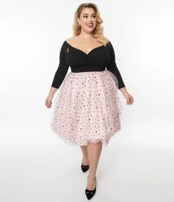 Unique Vintage Plus Size Black & Pink Tulle Music Notes Marceline Swing Dress