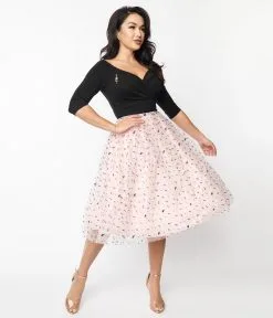 Unique Vintage Black & Pink Tulle Music Notes Marceline Swing Dress