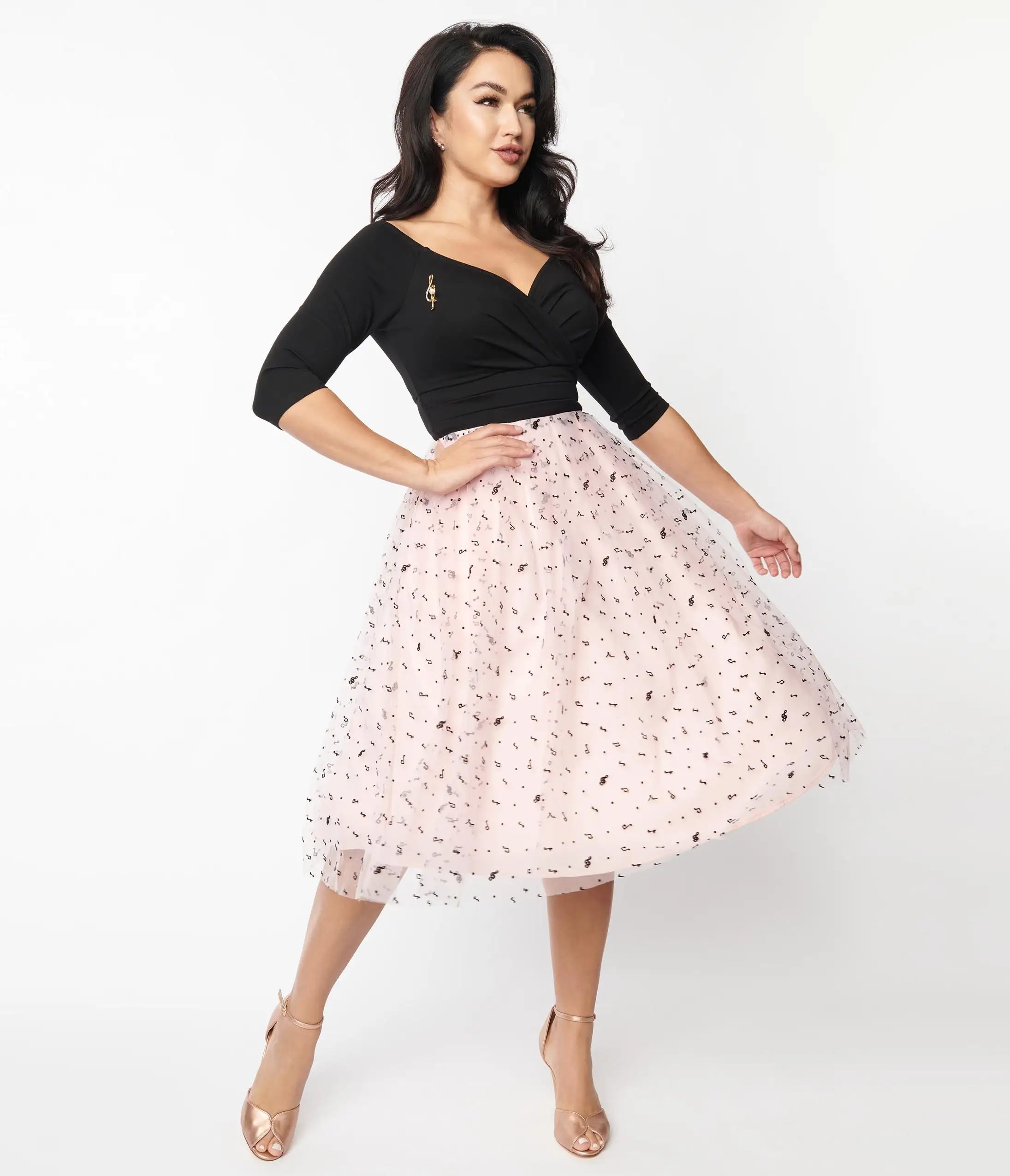 Unique Vintage Black & Pink Tulle Music Notes Marceline Swing Dress