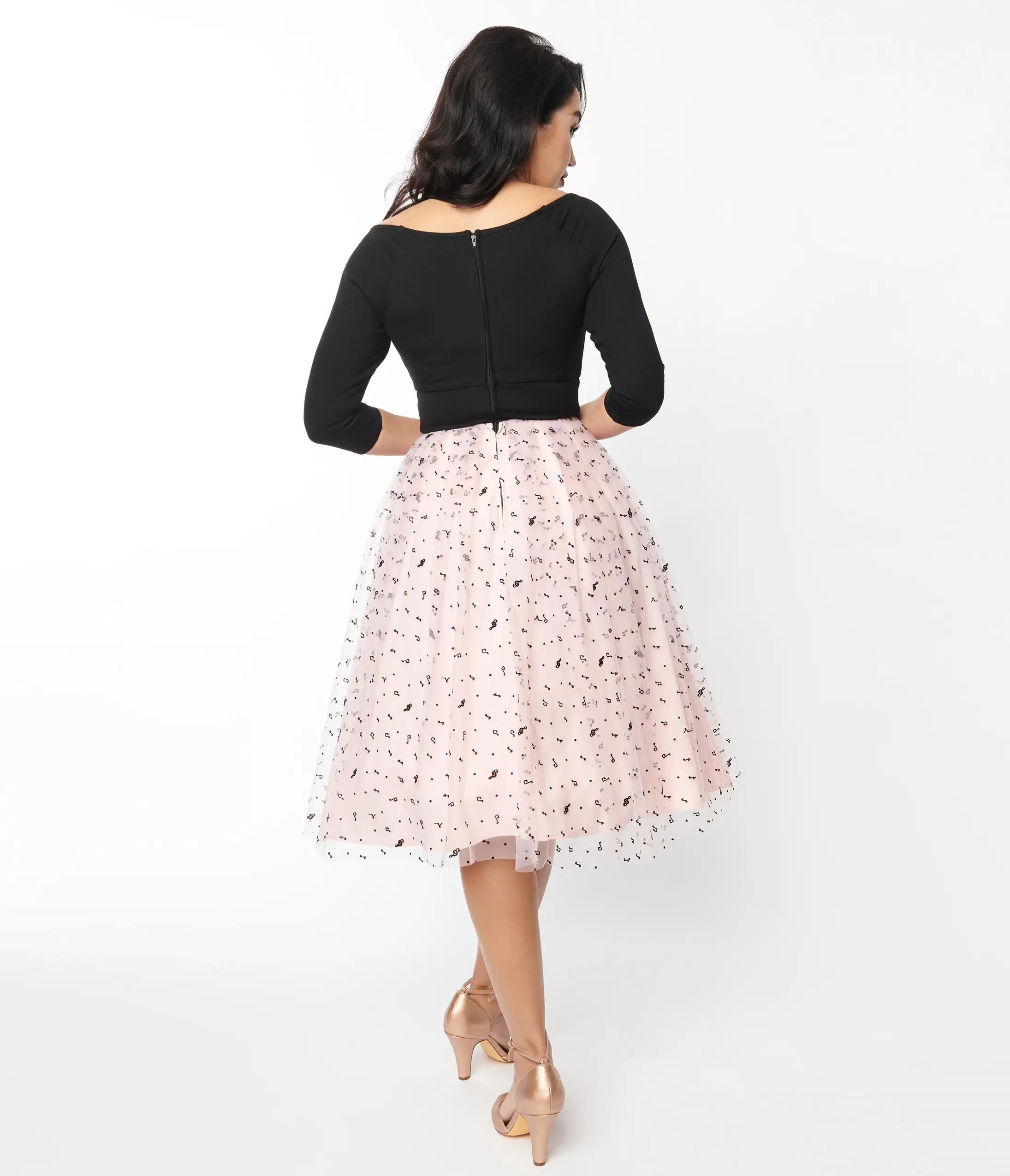 Unique Vintage Black & Pink Tulle Music Notes Marceline Swing Dress - Image 2