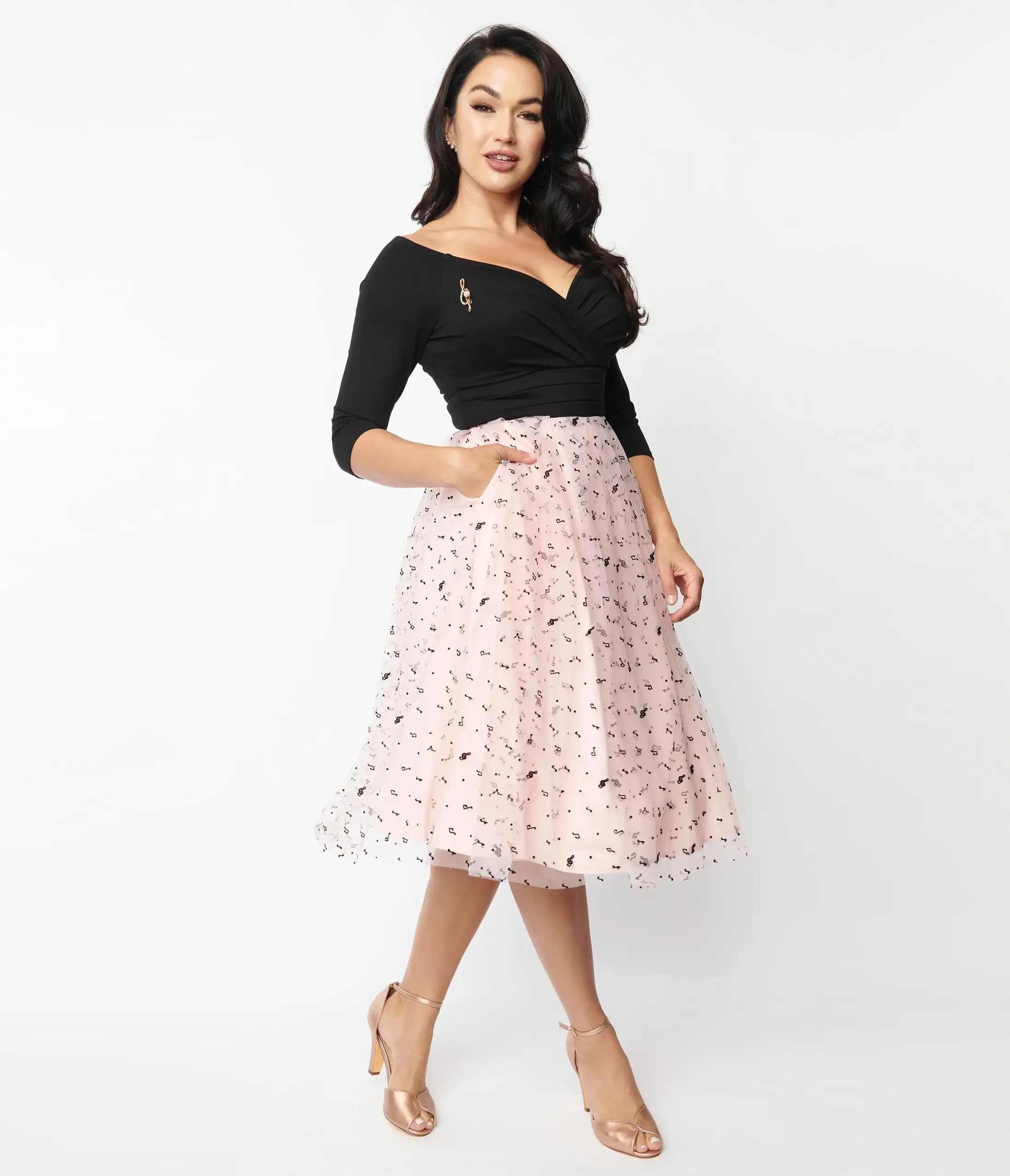 Unique Vintage Black & Pink Tulle Music Notes Marceline Swing Dress - Image 4
