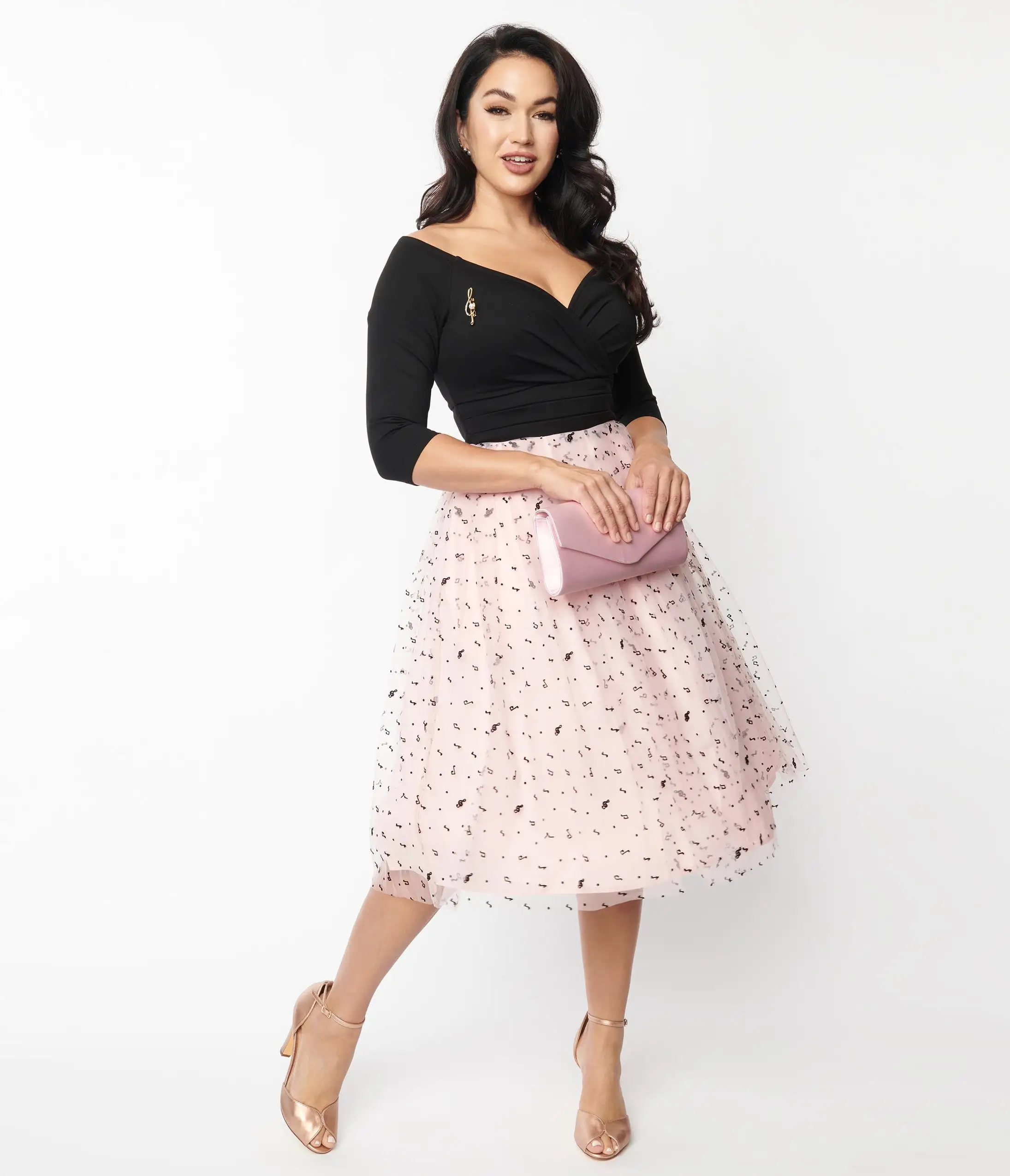 Unique Vintage Black & Pink Tulle Music Notes Marceline Swing Dress - Image 5