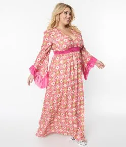 Unique Vintage Plus Size Pink Stained Glass Floral Maxi Dress