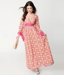 Unique Vintage Pink Stained Glass Floral Maxi Dress