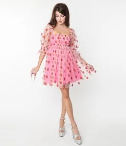 Smak Parlour Pink & Red Glitter Hearts Love Interest Babydoll Dress