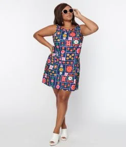 Smak Parlour Plus Size Navy & Floral Wallpaper Sleeveless Mini Dress