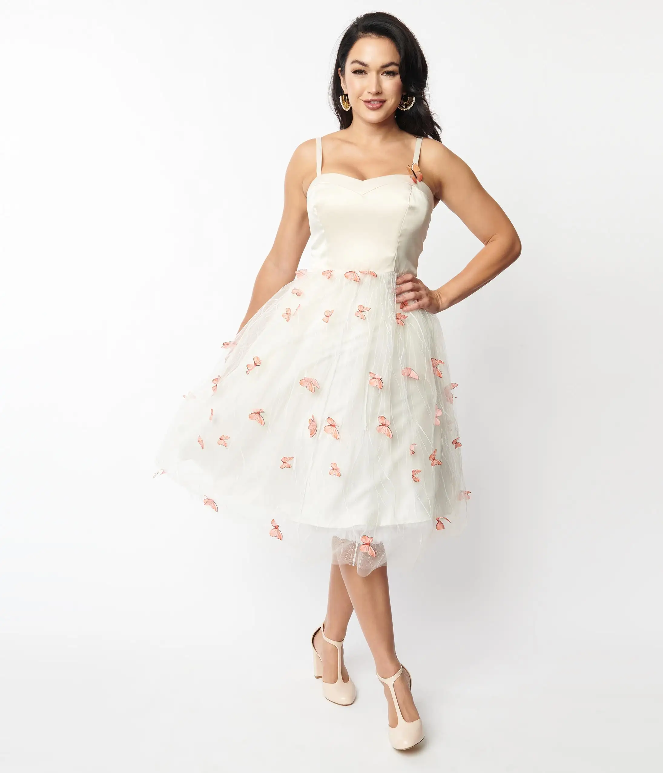 Unique Vintage Ivory & Butterfly Bertie Swing Dress - Image 4