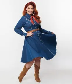 Unique Vintage Plus Size Denim Western Shirt Swing Dress