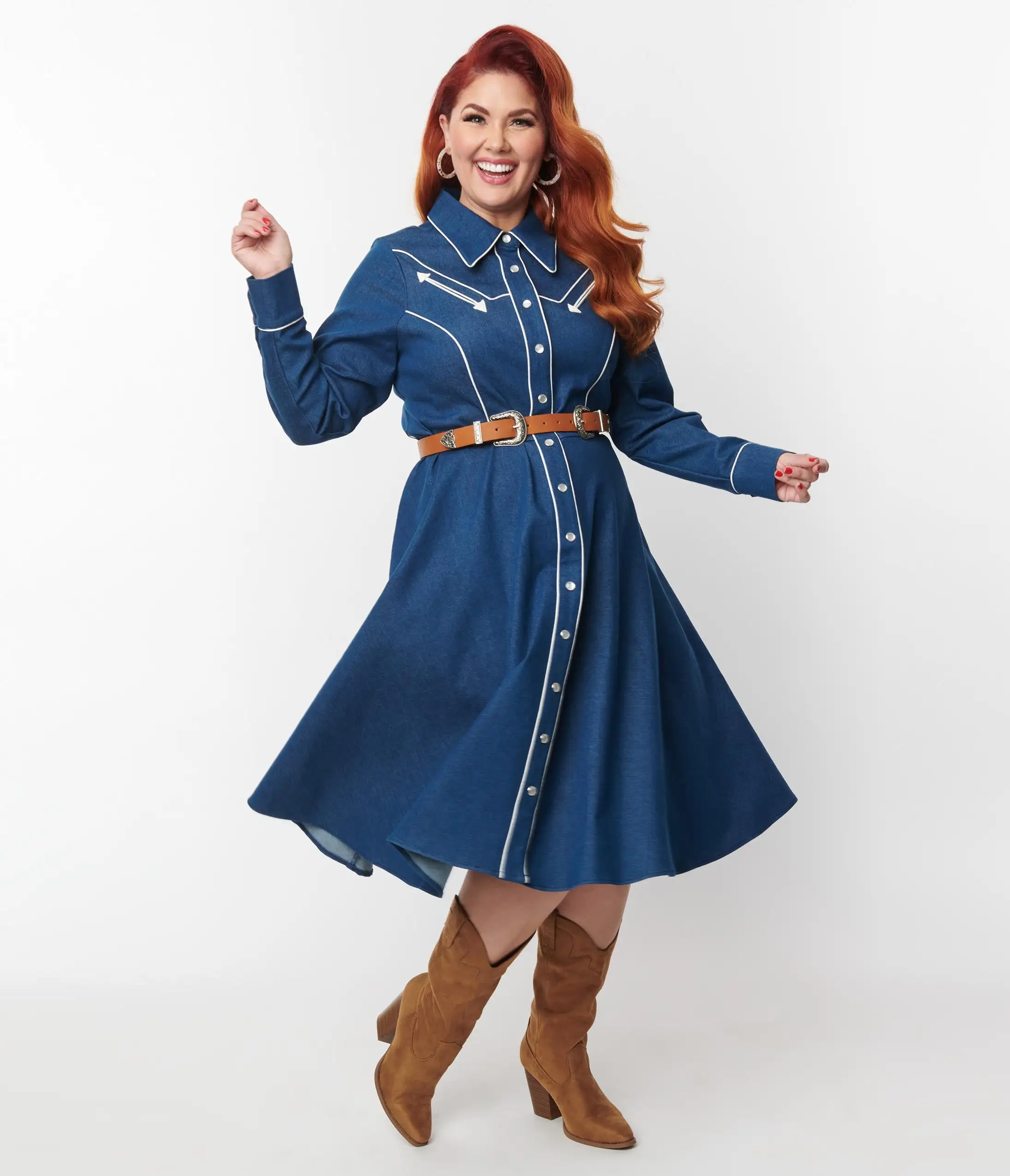 Unique Vintage Plus Size Denim Western Shirt Swing Dress - Image 4
