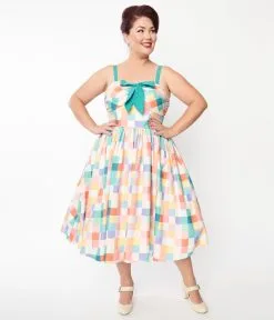 Unique Vintage Plus Size Pastel Rainbow Checkered Golightly Flare Dress