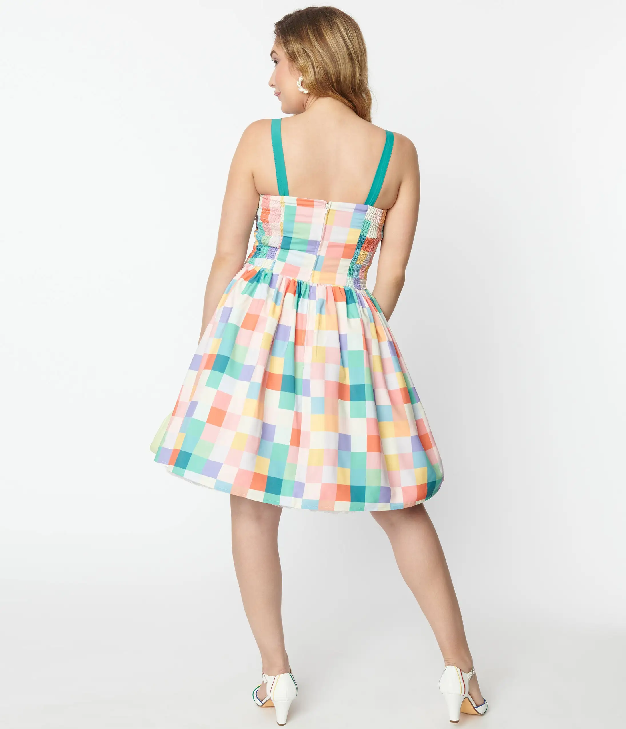 Unique Vintage Pastel Rainbow Checkered Golightly Flare Dress - Image 3