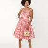 Unique Vintage Coral Red Gingham Golightly Swing Dress