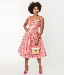Unique Vintage Coral Red Gingham Golightly Swing Dress