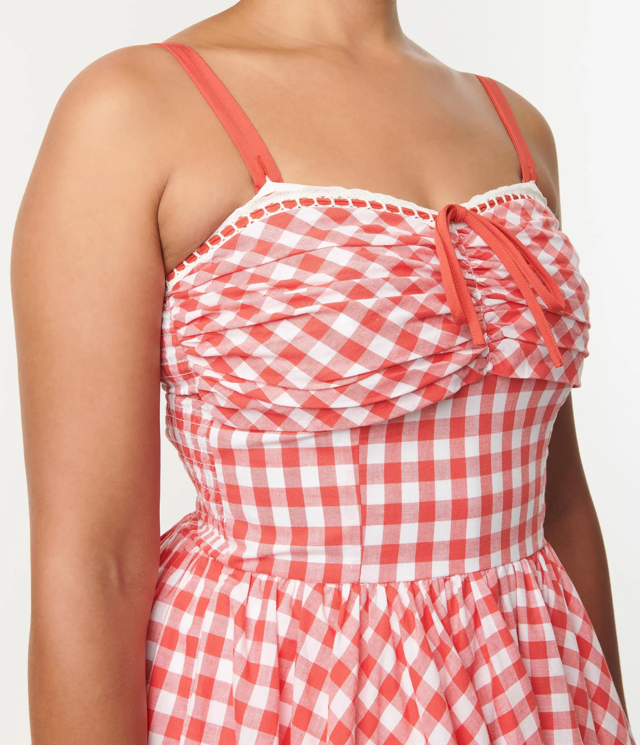 Unique Vintage Coral Red Gingham Golightly Swing Dress - Image 2