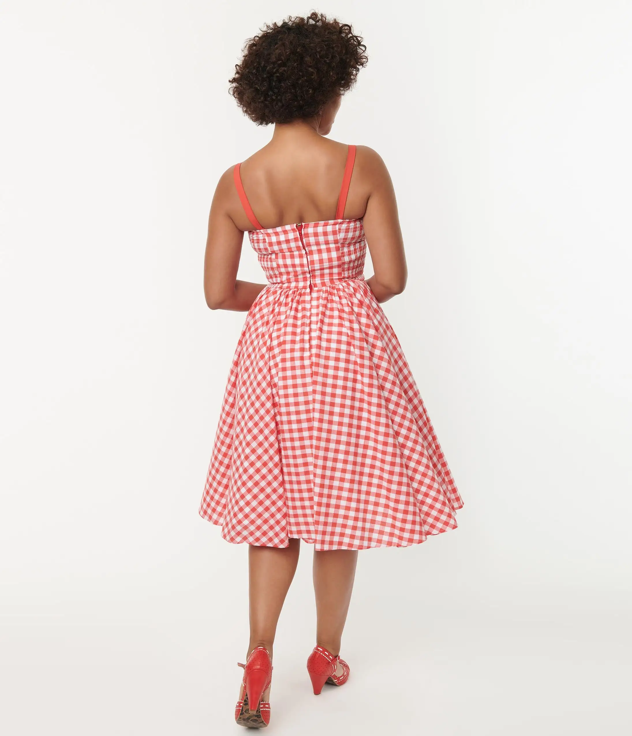 Unique Vintage Coral Red Gingham Golightly Swing Dress - Image 3