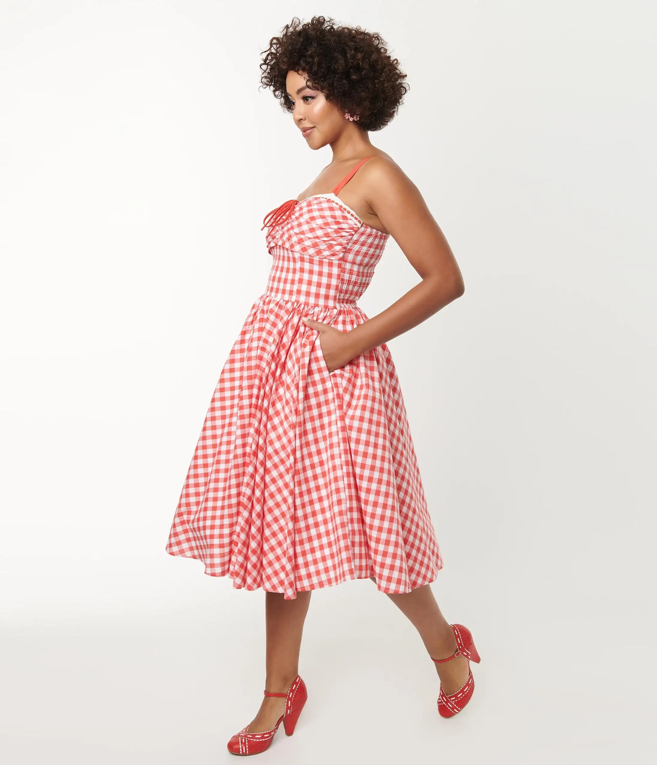Unique Vintage Coral Red Gingham Golightly Swing Dress - Image 4