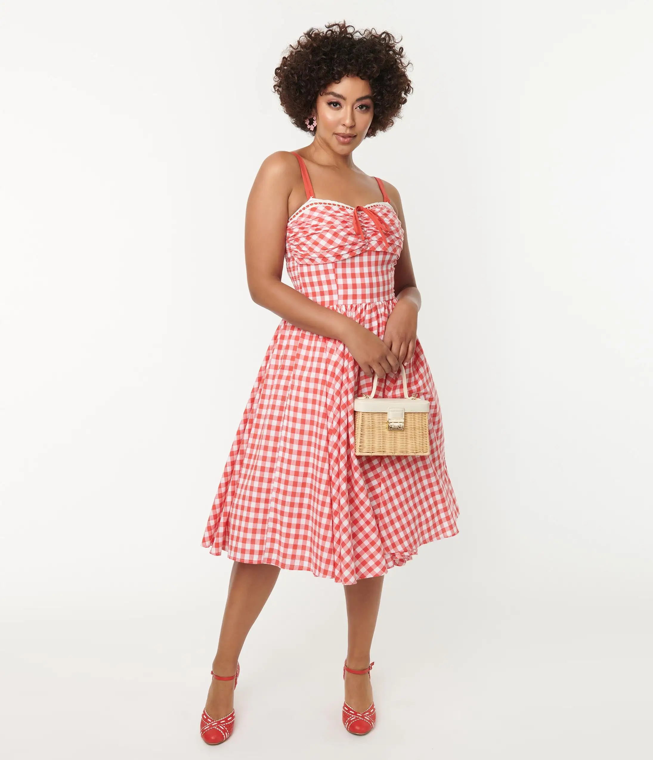 Unique Vintage Coral Red Gingham Golightly Swing Dress - Image 5