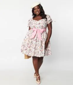 Unique Vintage Plus Size White & Pink Paris Print Dakota Flare Dress