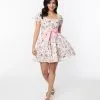 Unique Vintage White & Pink Paris Print Dakota Flare Dress