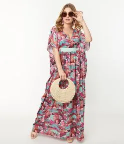 Unique Vintage Pink & Blue Elephant Oasis Burton Caftan Dress