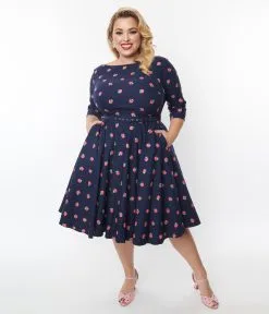 Unique Vintage Plus Size 1950s Navy & Strawberry Print Devon Swing Dress