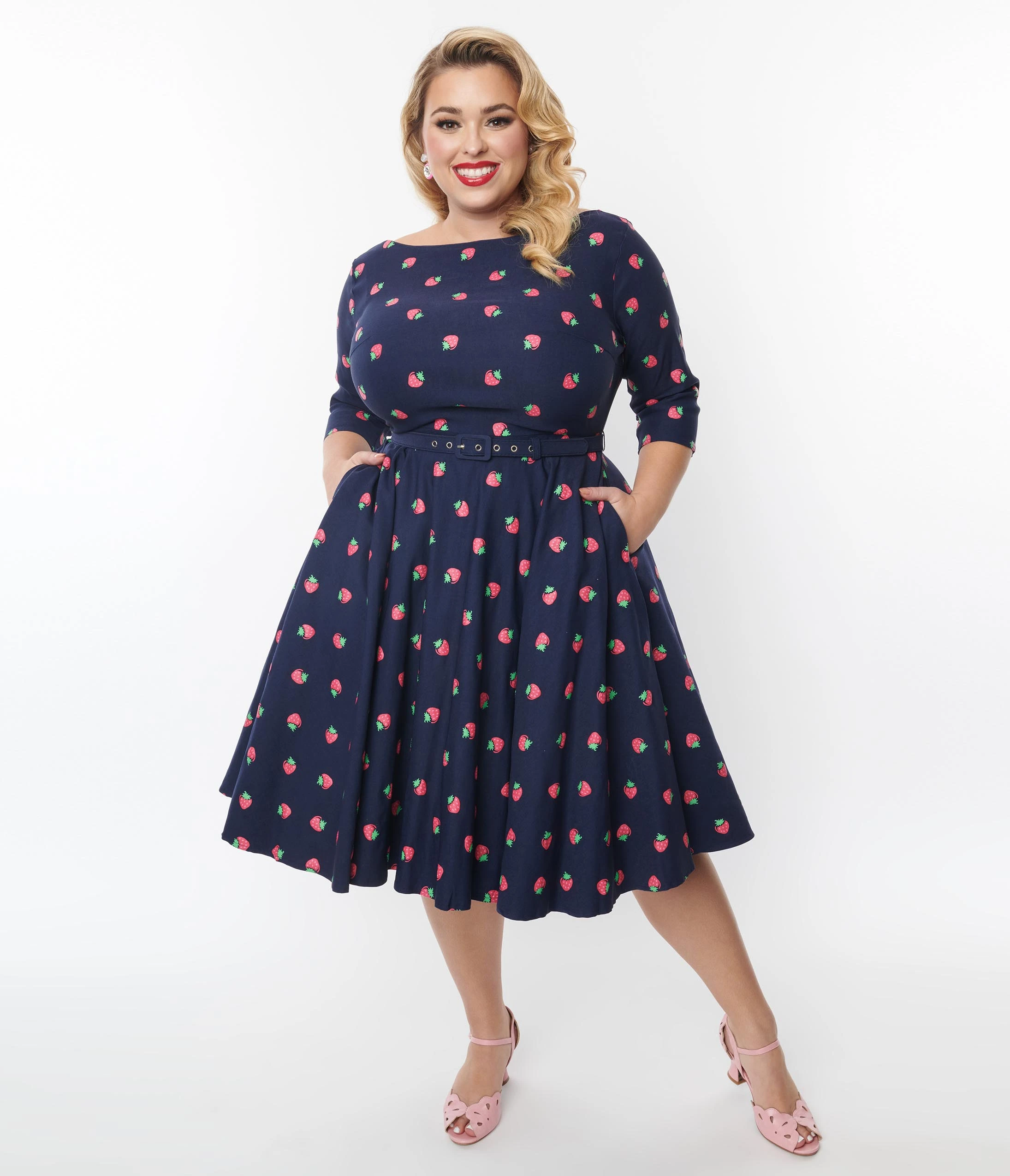 Unique Vintage Plus Size 1950s Navy & Strawberry Print Devon Swing Dress