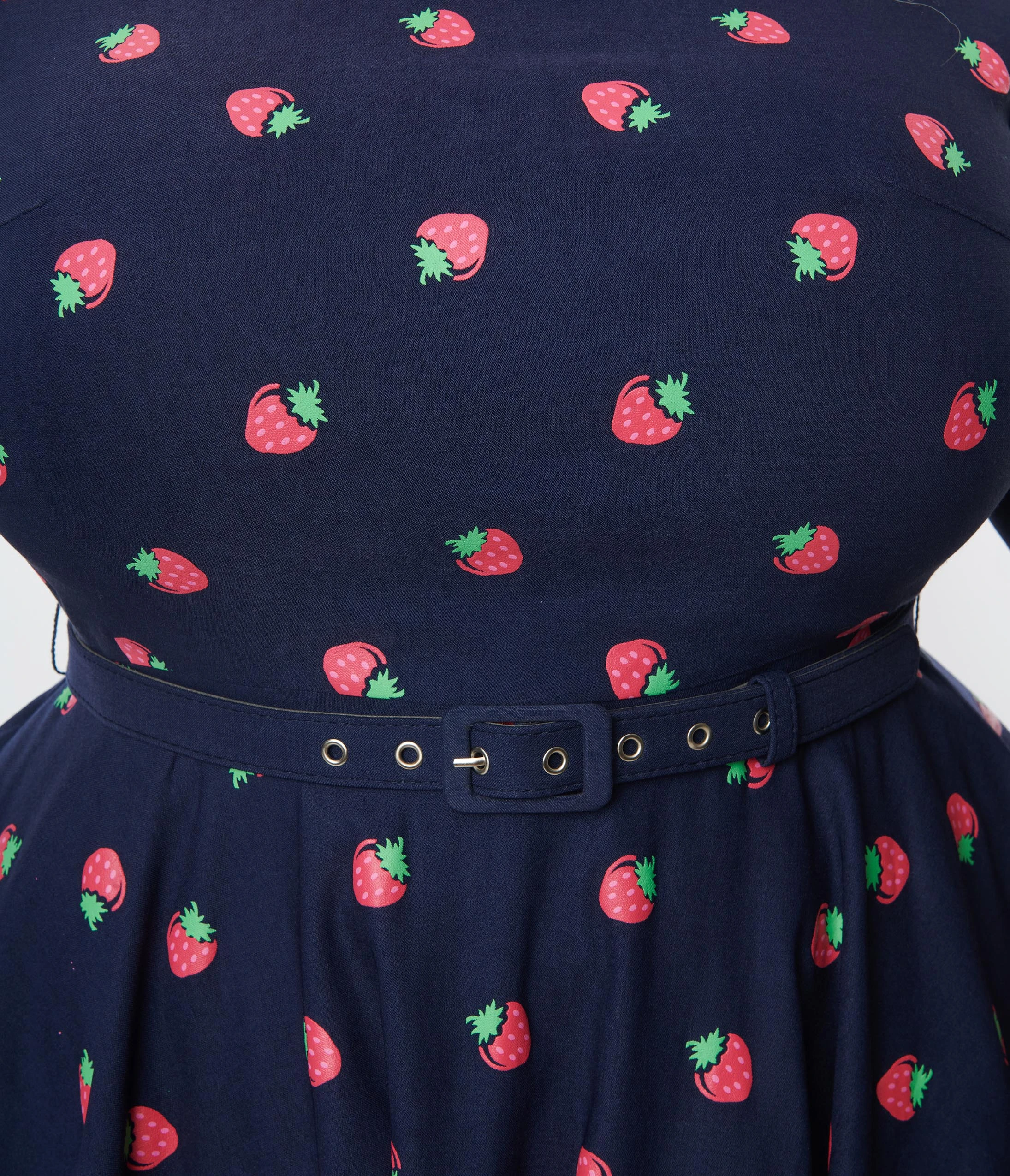 Unique Vintage Plus Size 1950s Navy & Strawberry Print Devon Swing Dress - Image 2